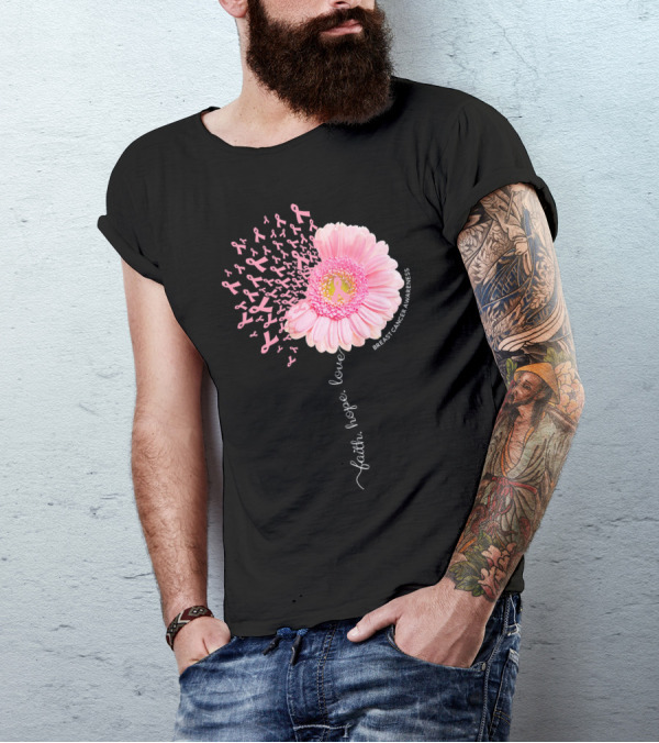 Faith Hope Love Dandelion Daisy Breast Cancer Awareness T-Shirt