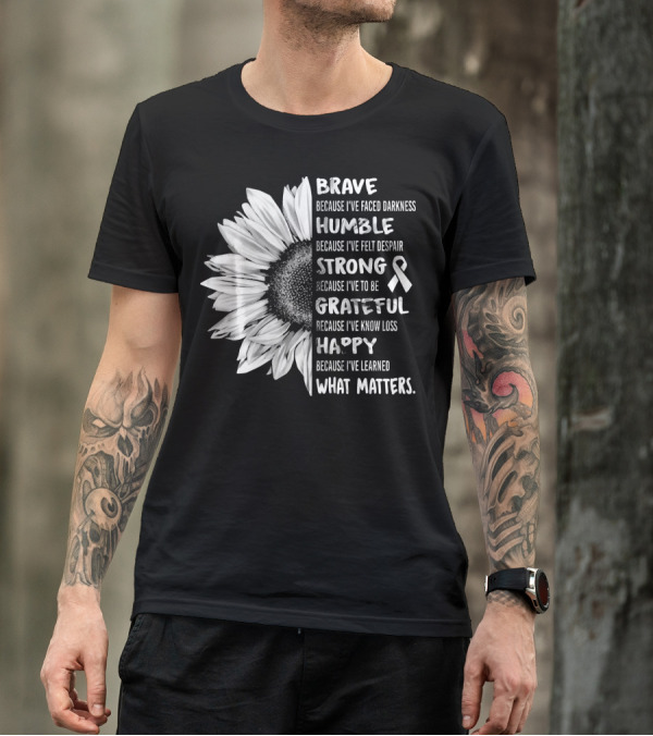 Brave Humble Strong Grateful Happy Sunflower White Ribbon Lung Cancer Awareness T-Shirt