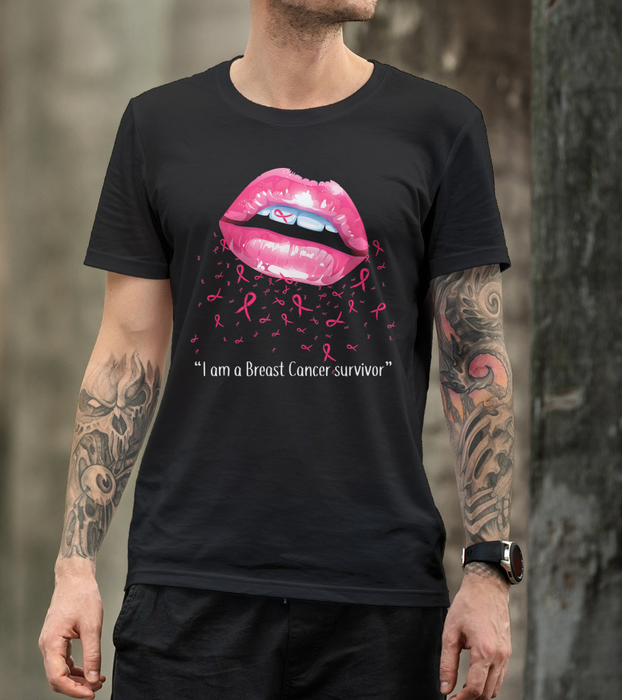 I Am A Breast Cancer Survivor Pink Ribbon Lips T-Shirt