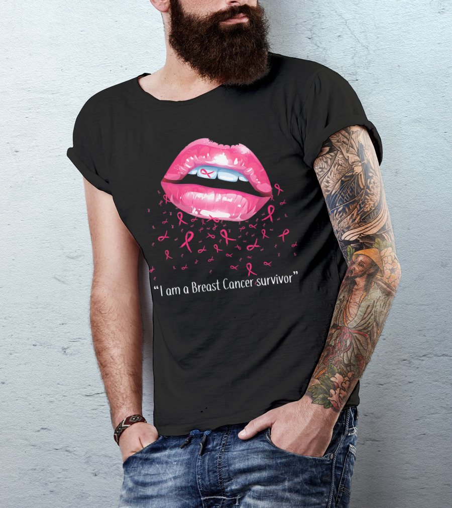 I Am A Breast Cancer Survivor Pink Ribbon Lips T-Shirt