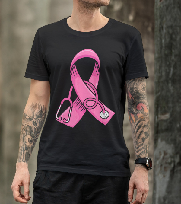 Pink Ribbon Heartbeat Nurse Doctor Breast Cancer Awareness Stethoscope T-Shirt