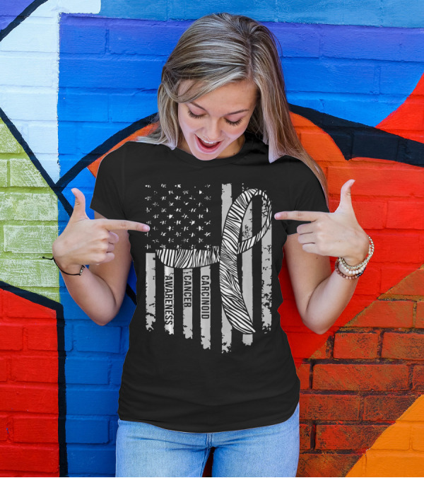 Zebra Ribbon Carcinoid Cancer Awareness American Flag Support T-Shirt
