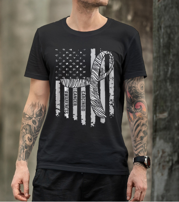 Zebra Ribbon Carcinoid Cancer Awareness American Flag Support T-Shirt