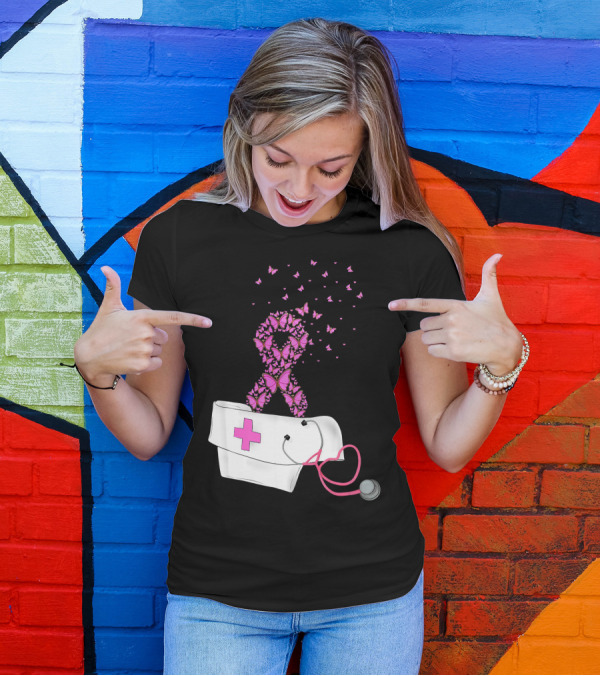 Breast Cancer Awareness Pink Butterfly Ribbon Nurse Doctor Stethoscope Hat T-Shirt