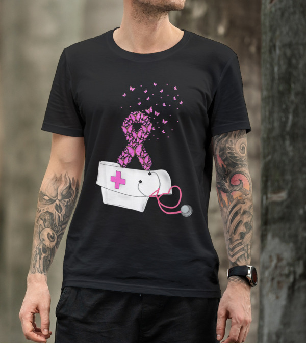 Breast Cancer Awareness Pink Butterfly Ribbon Nurse Doctor Stethoscope Hat T-Shirt