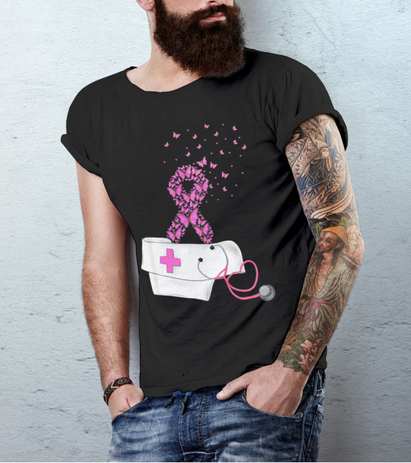 Breast Cancer Awareness Pink Butterfly Ribbon Nurse Doctor Stethoscope Hat T-Shirt
