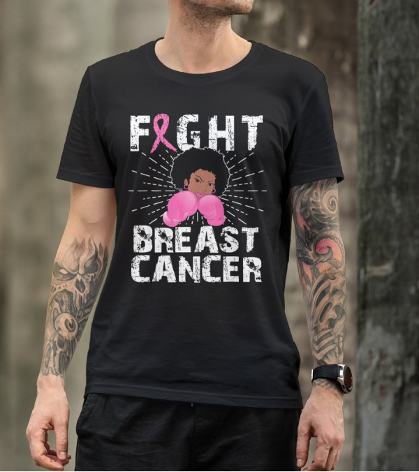 FIGHT Breast Cancer Pink Ribbon Afro Woman Boxing Gloves T-Shirt