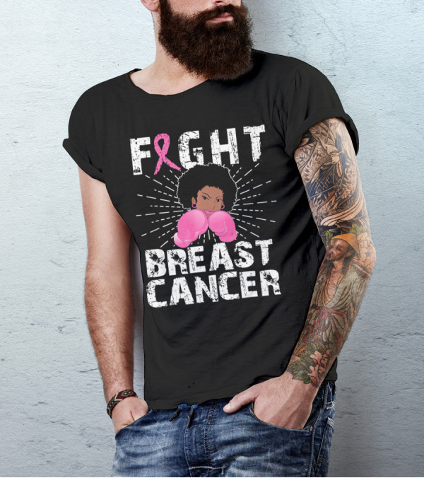 FIGHT Breast Cancer Pink Ribbon Afro Woman Boxing Gloves T-Shirt