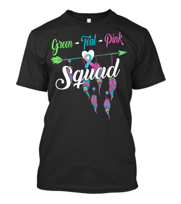 Green Teal Pink Ribbon Arrow Heart Feather Squad T-Shirt