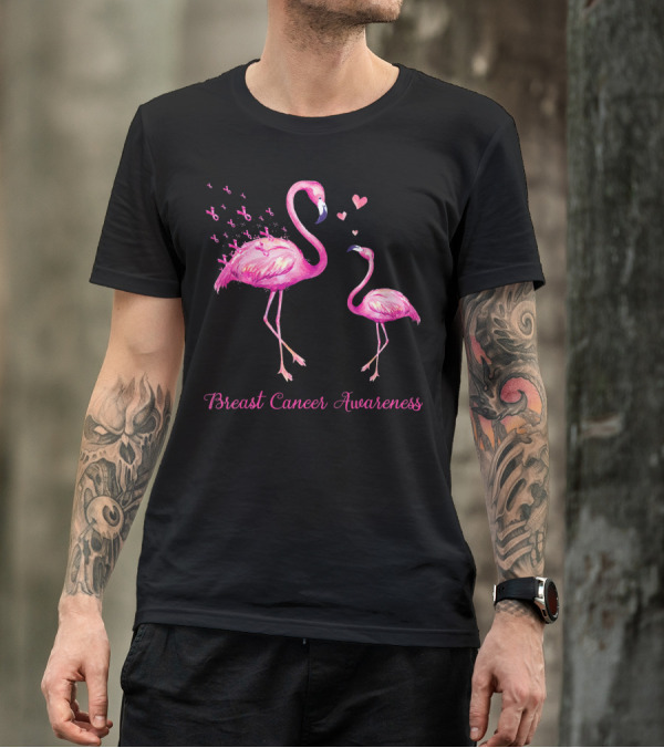 Breast Cancer Awareness Family Flamingo Mom Baby Hearts T-Shirt