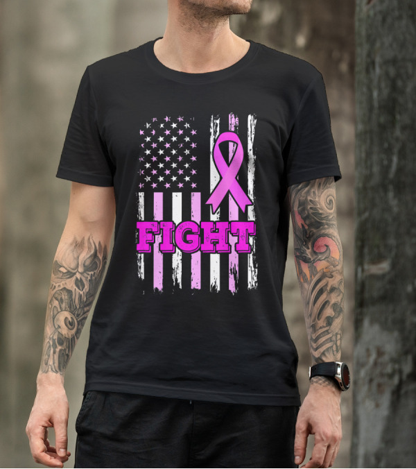 Fight Pink Ribbon American Flag Breast Cancer Awareness T-Shirt