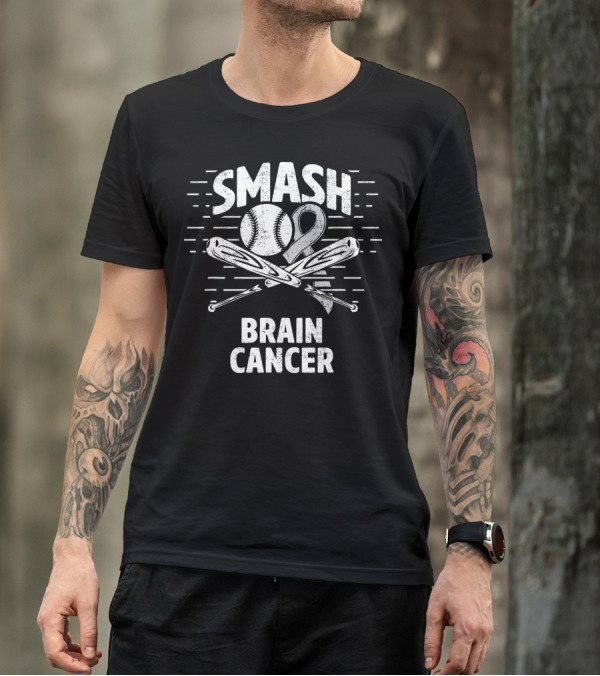 Smash Brain Cancer Baseball Ribbon Therapy Grey T-Shirt