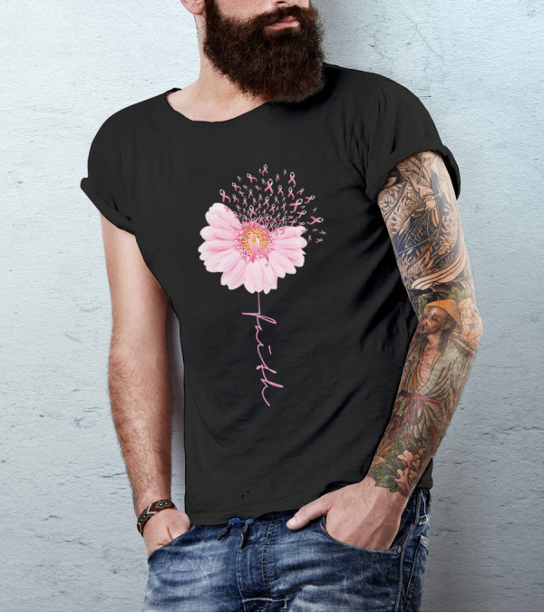 Faith Daisy Flower Pink Ribbon Breast Cancer T-Shirt
