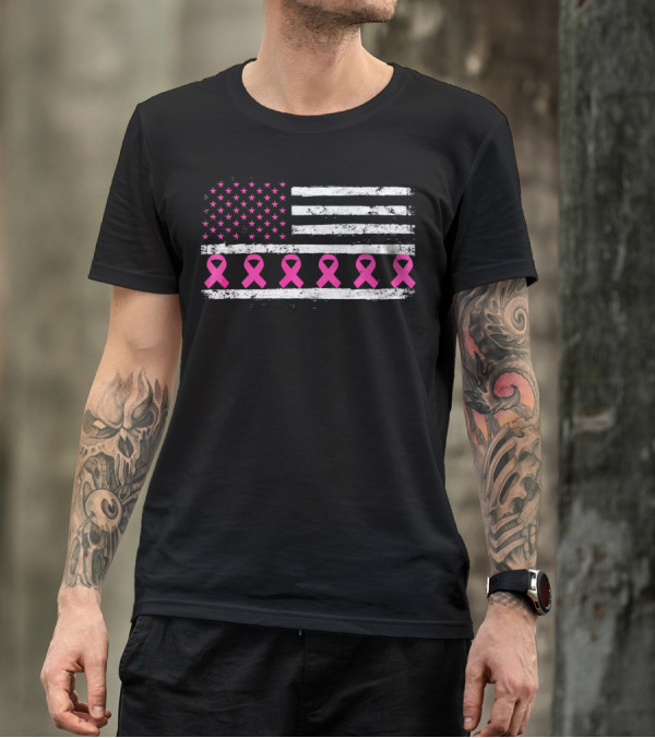 American Flag Distressed Breast Cancer Awareness Pink Ribbons T-Shirt