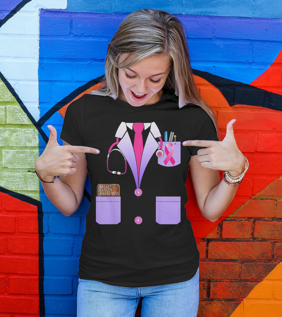 Breast Cancer Awareness Doctor Stethoscope Ribbon Medical Suit T-Shirt