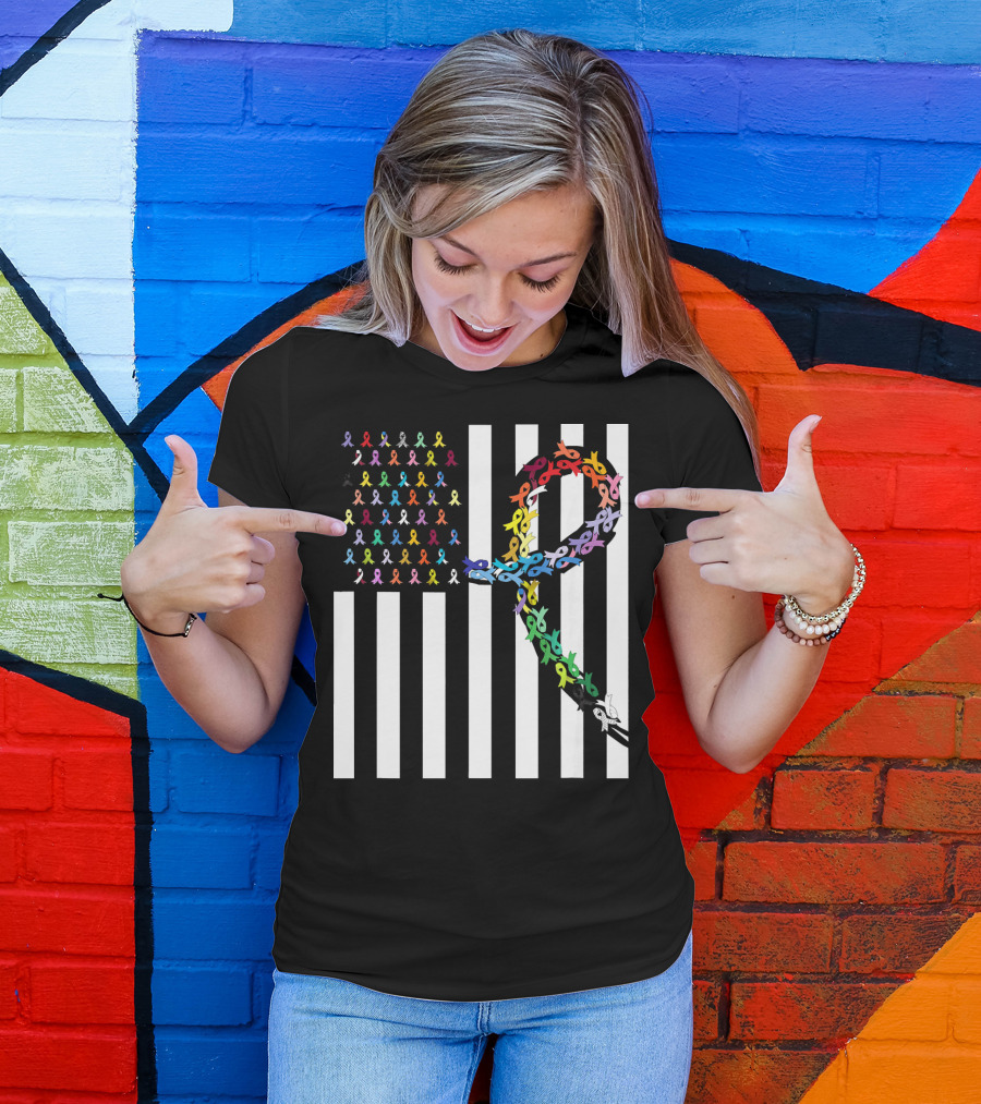 All Cancer Matters Awareness USA Flag Ribbon Stripes T-Shirt