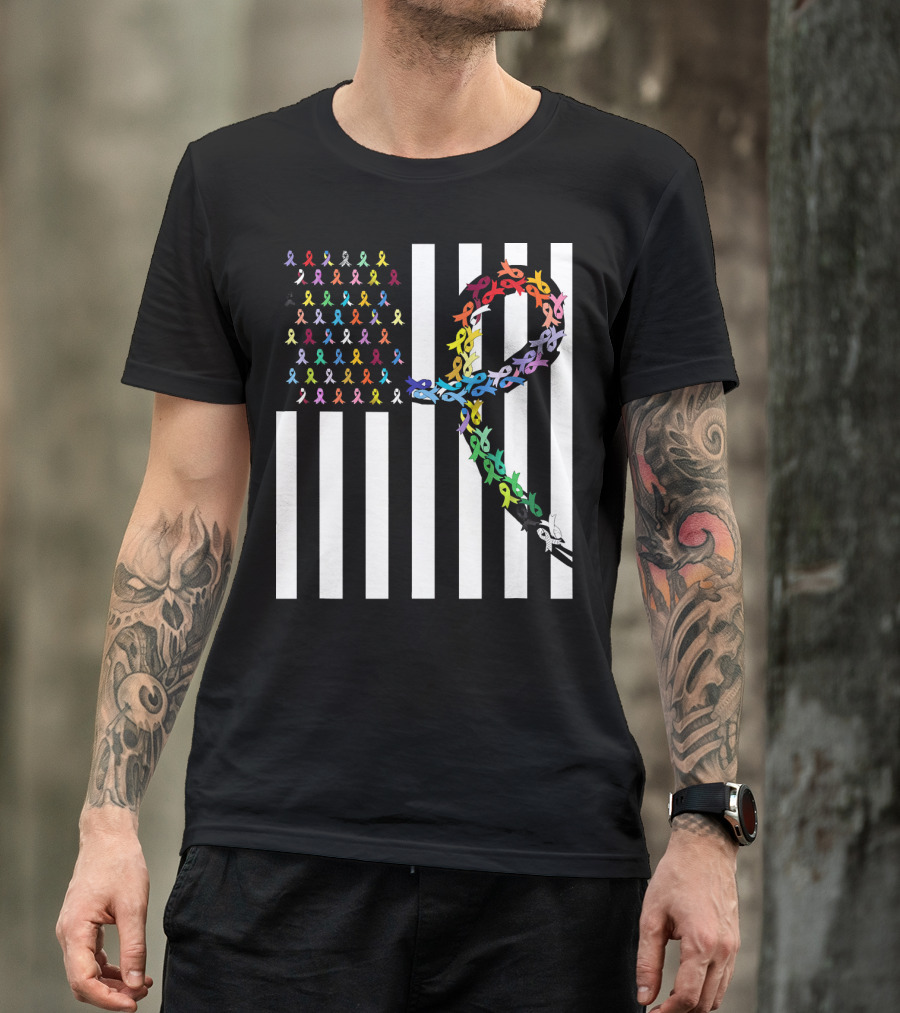 All Cancer Matters Awareness USA Flag Ribbon Stripes T-Shirt