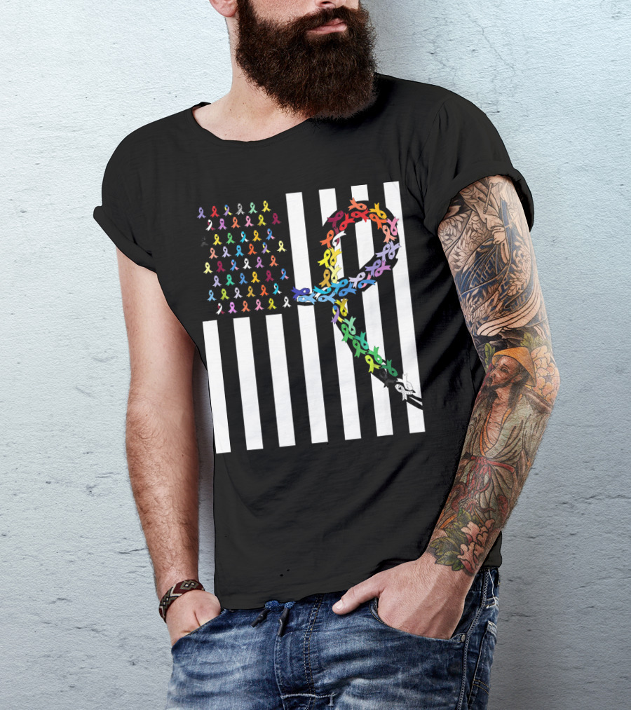All Cancer Matters Awareness USA Flag Ribbon Stripes T-Shirt