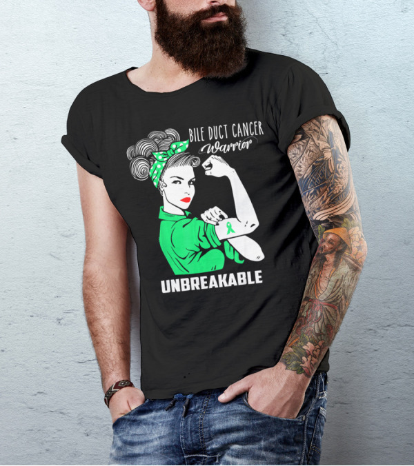 Bile Duct Cancer Warrior Unbreakable Rosie The Riveter Style With Awareness T-Shirt