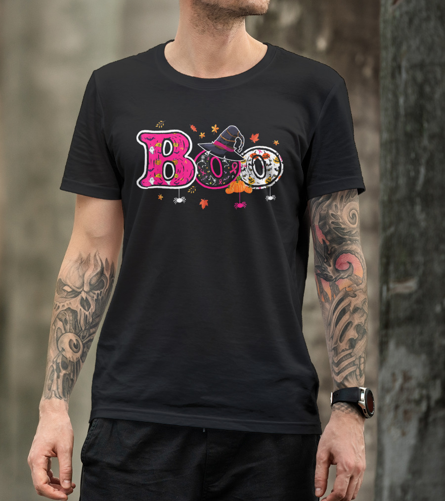 Boo Halloween Breast Cancer Awareness Witch Hat Ribbon Pumpkins Spiders Leaves T-Shirt