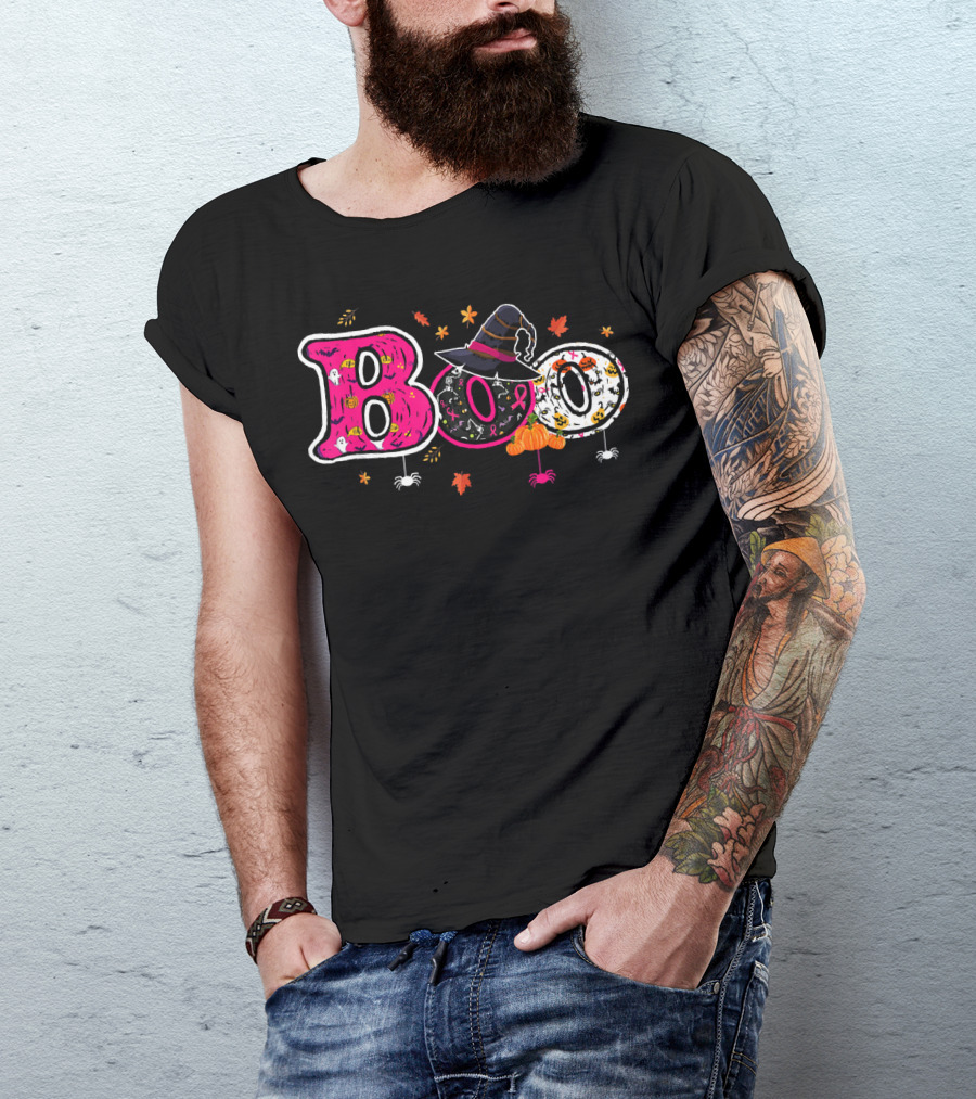 Boo Halloween Breast Cancer Awareness Witch Hat Ribbon Pumpkins Spiders Leaves T-Shirt