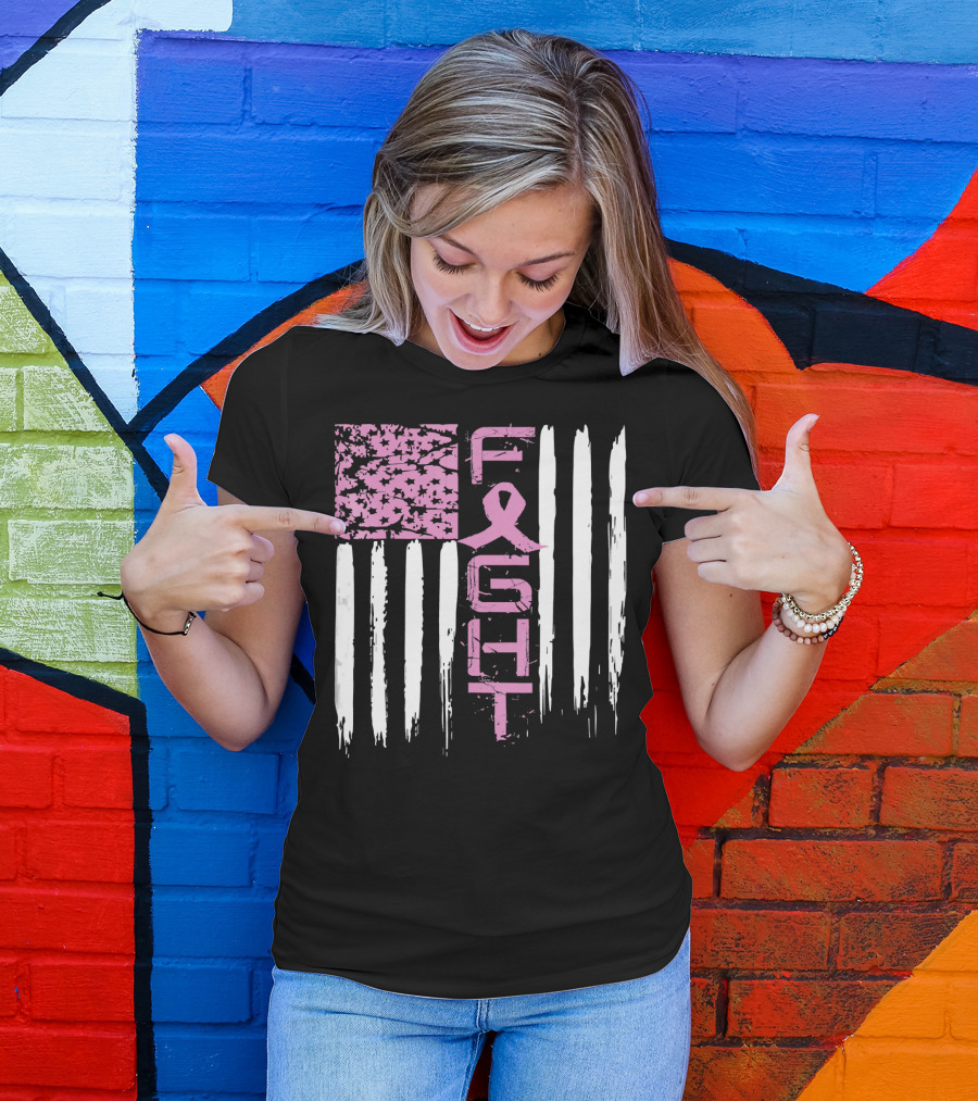 Fight Cancer Awareness Breast Pink Ribbon American Flag T-Shirt