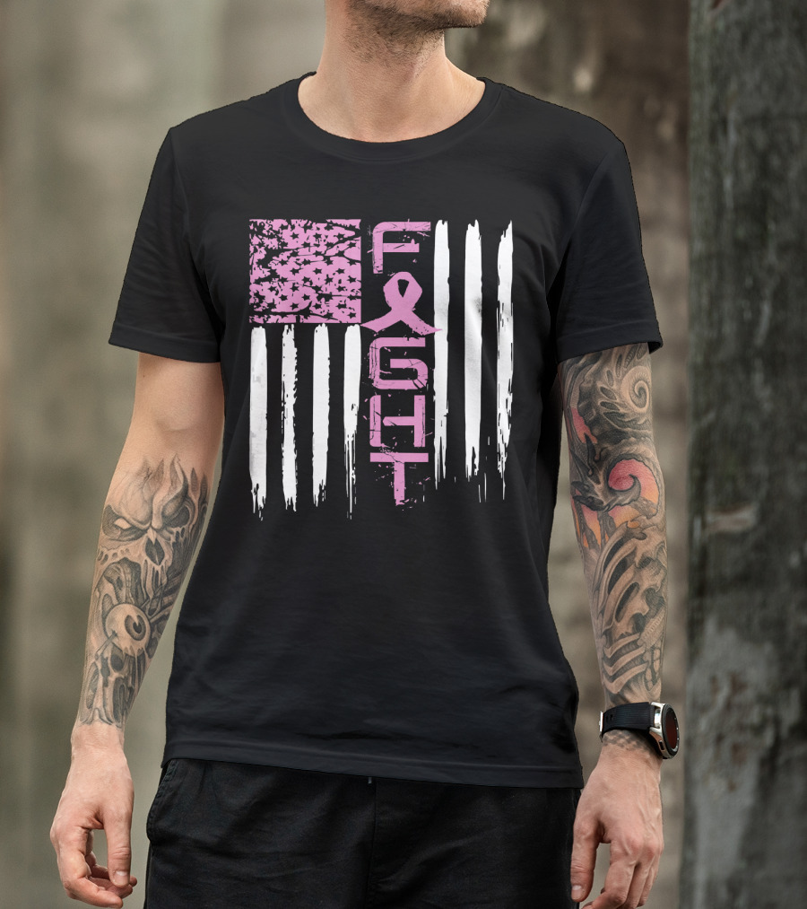 Fight Cancer Awareness Breast Pink Ribbon American Flag T-Shirt
