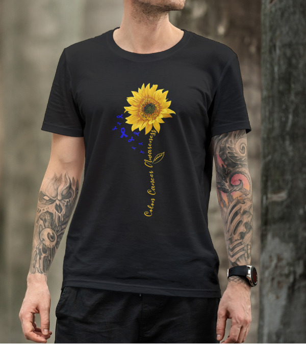 Hippie Sunflower Colon Cancer Awareness Sunflower With Blue Ribbons T-Shirt
