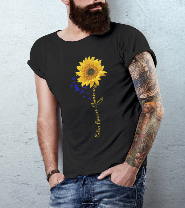 Hippie Sunflower Colon Cancer Awareness Sunflower With Blue Ribbons T-Shirt