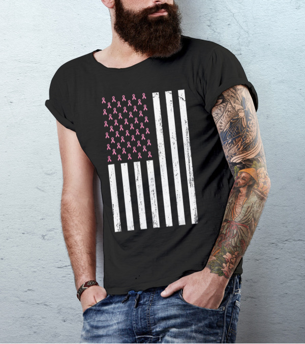 American Flag Pink Ribbons Breast Cancer Awareness T-Shirt