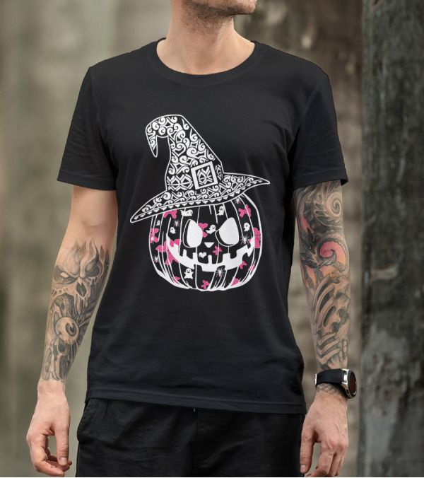 Halloween Carved Pumpkin With Pink Ribbon And Witch Hat For Breast Cancer Awareness T-Shirt