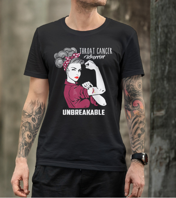 Throat Cancer Warrior Unbreakable Rosie The Riveter Ribbon Empowerment T-Shirt