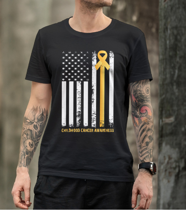 Childhood Cancer Awareness Gold Ribbon American Flag T-Shirt