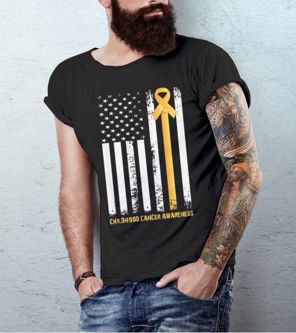 Childhood Cancer Awareness Gold Ribbon American Flag T-Shirt