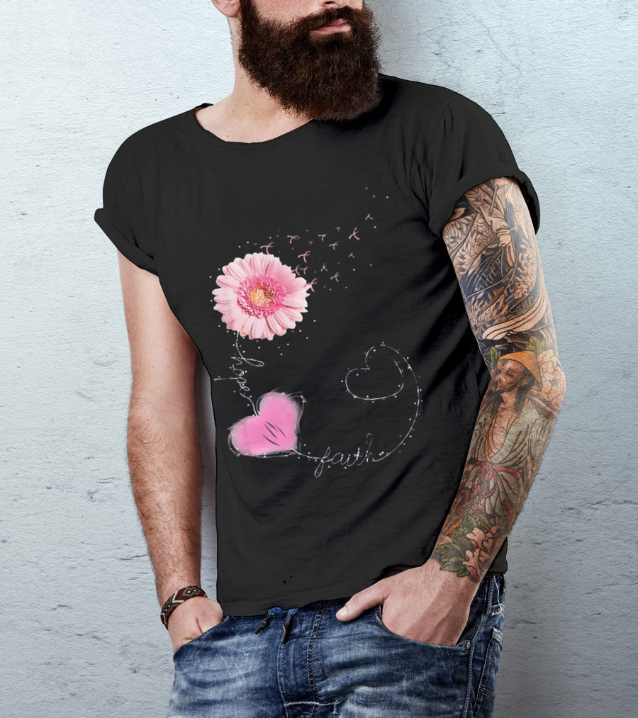 Hope Faith Pink Flower Hearts Breast Cancer Awareness T-Shirt