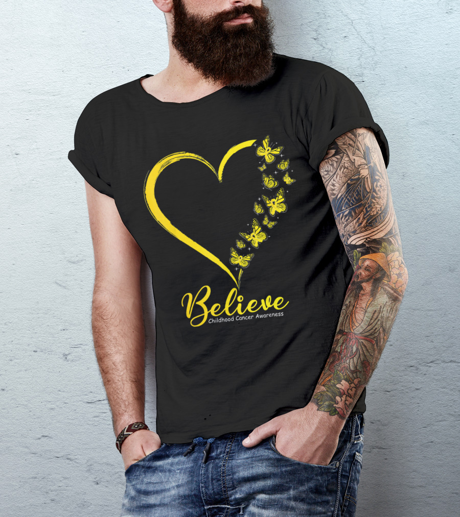 Believe Butterfly Heart Childhood Cancer Awareness T-Shirt