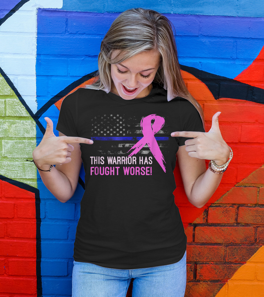 Thin Blue Line American Flag Pink Ribbon This Warrior Has Fought Worse T-Shirt