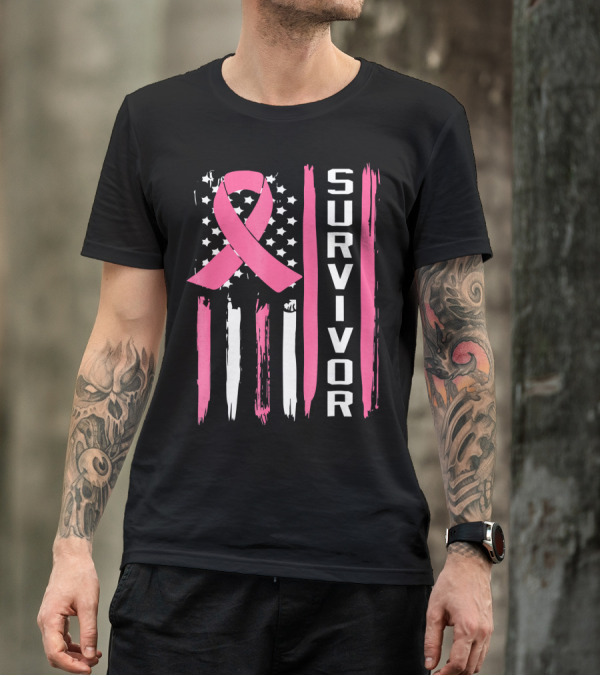 Survivor Breast Cancer Ribbon American Flag T-Shirt