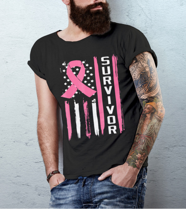 Survivor Breast Cancer Ribbon American Flag T-Shirt