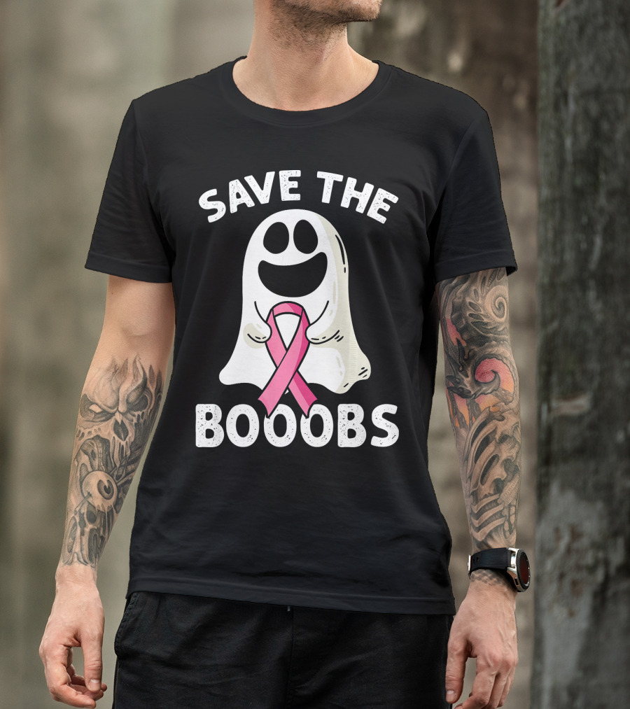 Save The Boooobs Funny Ghost Pink Ribbon Breast Cancer Awareness T-Shirt