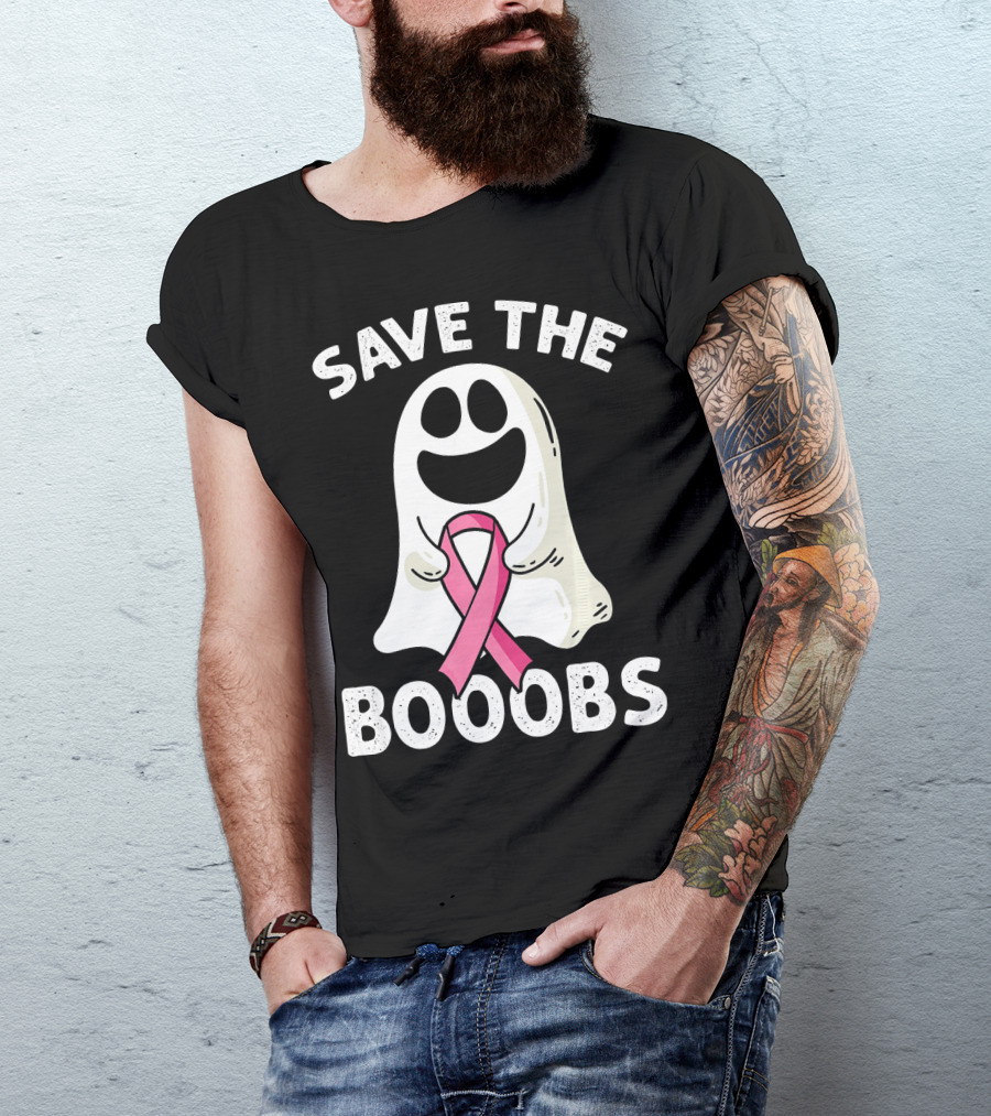 Save The Boooobs Funny Ghost Pink Ribbon Breast Cancer Awareness T-Shirt