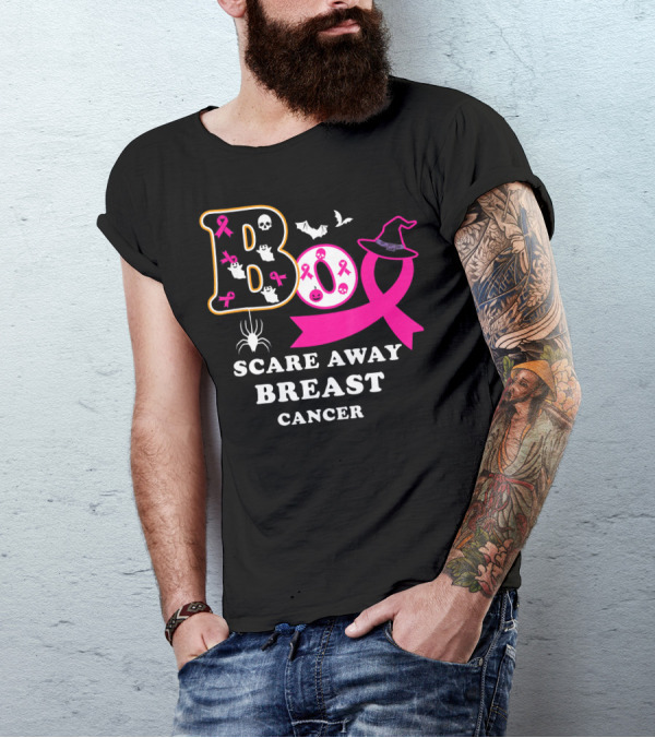 Halloween Boo With Pink Ribbon Scare Away Breast Cancer T-Shirt