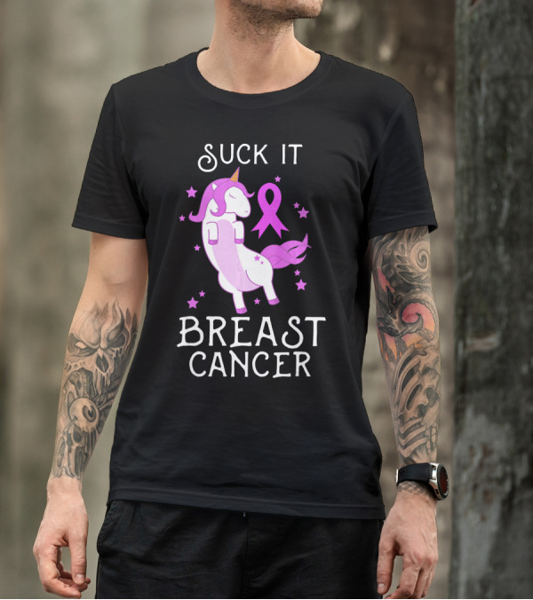 Suck It Breast Cancer Unicorn Awareness Ribbon Stars T-Shirt
