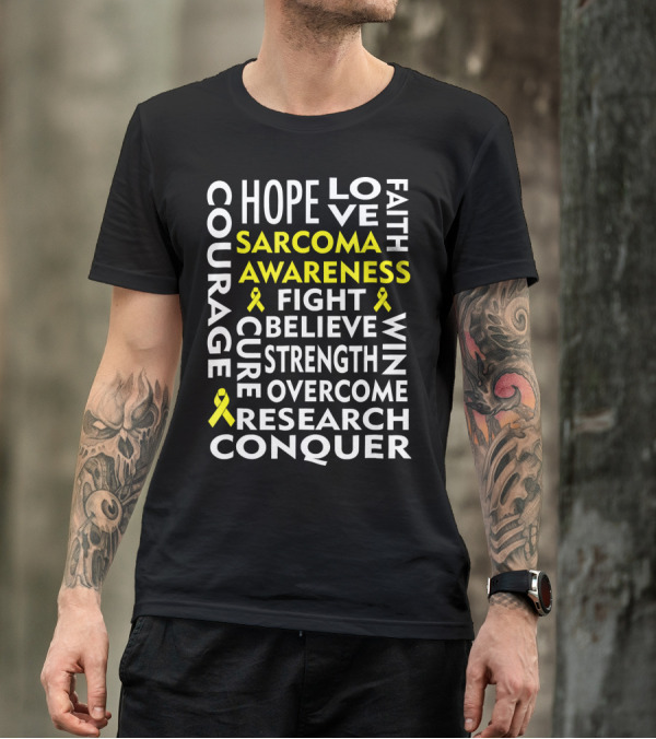 Sarcoma Awareness Yellow Ribbon Hope Courage Fight Conquer T-Shirt
