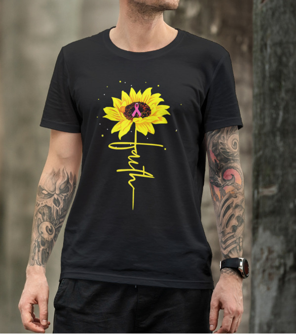 Faith Sunflower Pink Ribbon Breast Cancer Awareness T-Shirt