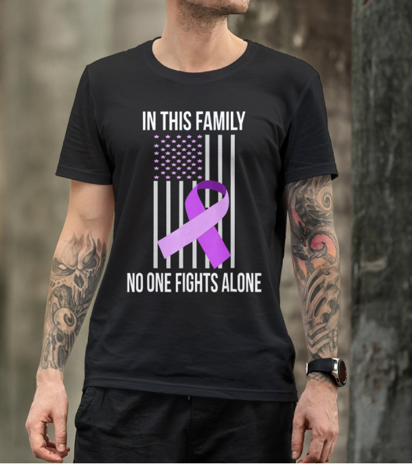 In This Family No One Fights Alone USA Flag Purple Ribbon Pancreatic Cancer T-Shirt