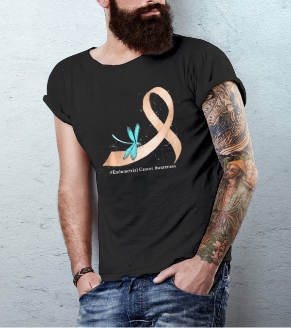 Hippie Dragonfly Peach Ribbon #Endometrial Cancer Awareness T-Shirt
