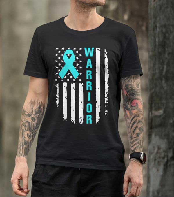 Warrior Teal Ribbon American Flag Ovarian Cancer T-Shirt