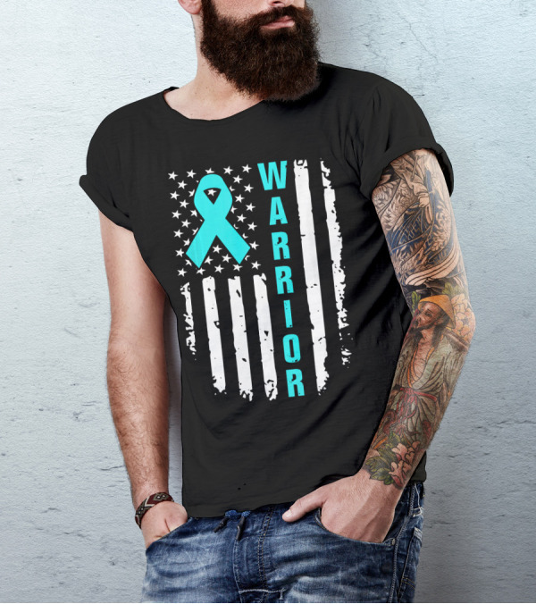 Warrior Teal Ribbon American Flag Ovarian Cancer T-Shirt