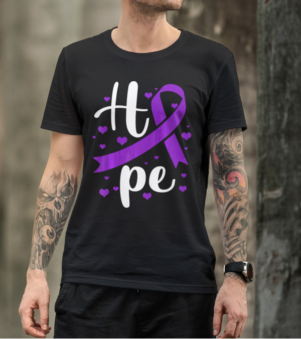 Hope Pancreatic Cancer Awareness Women Purple Ribbon Hearts T-Shirt